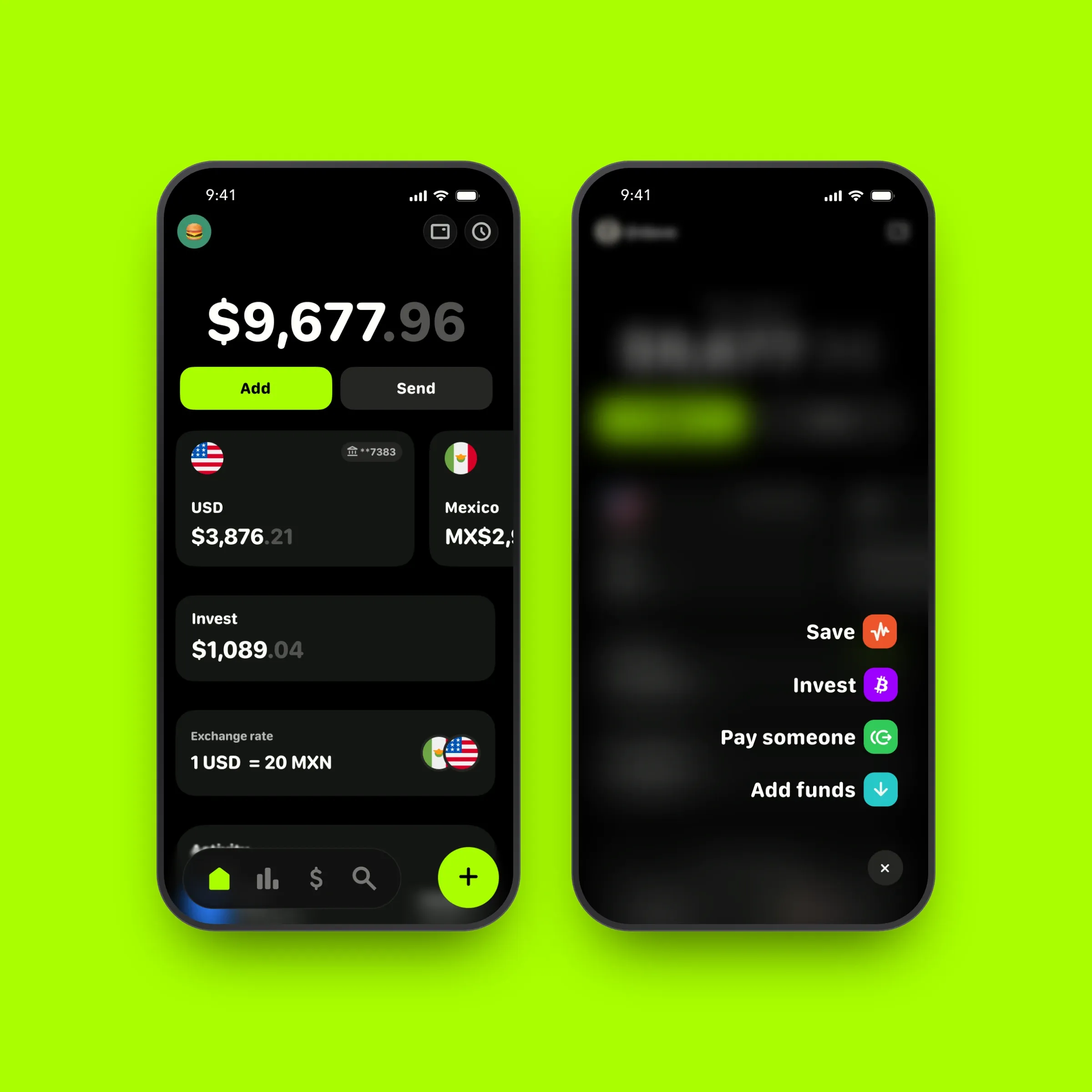 Avvio quick actions and the pay, send and USD screens