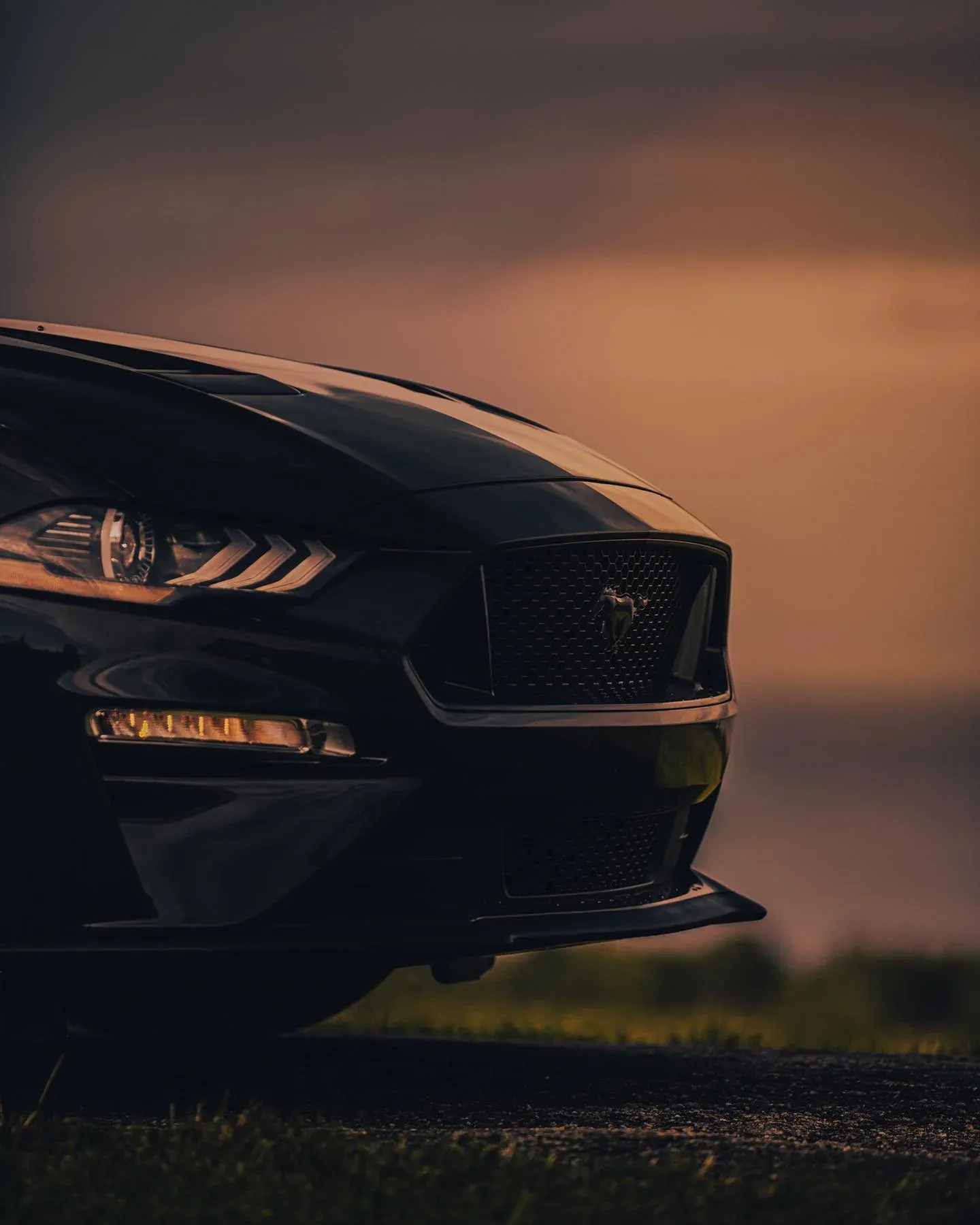 Front of a sports car at dusk